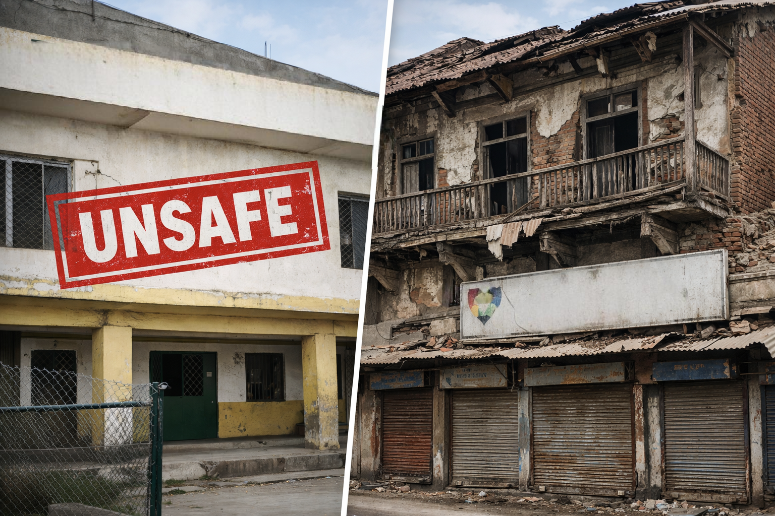 Unsafe Buildings in Poonch Illustration showing an unsafe government primary school building from 1988 and a deteriorating two-story private building in Sadar Bazaar, Poonch City, highlighting double standards in building safety enforcement. (This is a digitally created image for illustrative purposes, not an actual photograph.)