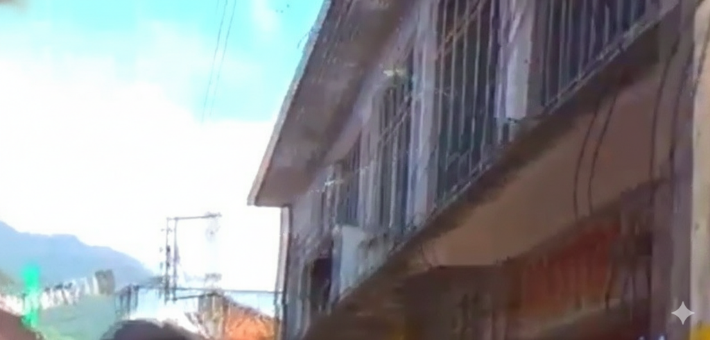 Unsafe Buildings in Poonch Split image showing an unsafe government primary school building from 1988 and a deteriorating two-story private building in Sadar Bazaar, Poonch City, highlighting double standards in building safety enforcement.