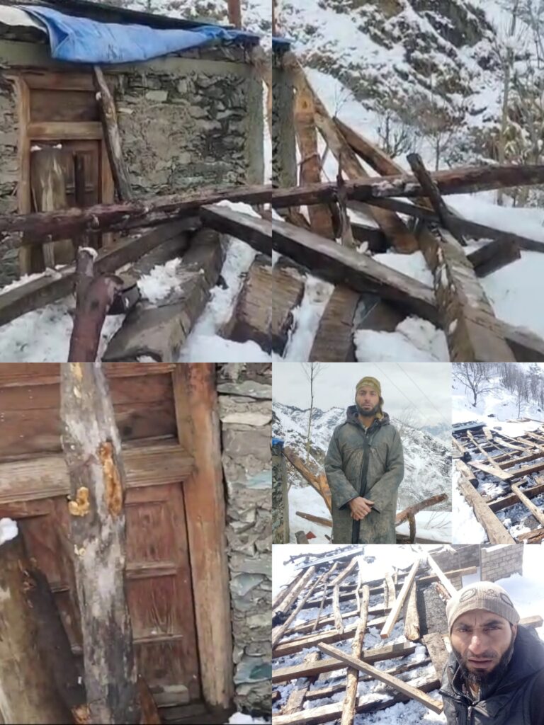 خطِ پیر پنجال میں برفباری سے متاثرہ علی محمد کا تباہ شدہ مکان، گاؤں ڈنو گام منڈی